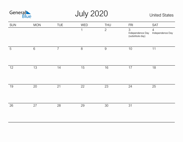 Printable July 2020 Calendar for United States
