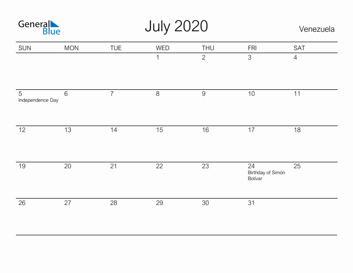 Printable July 2020 Calendar for Venezuela