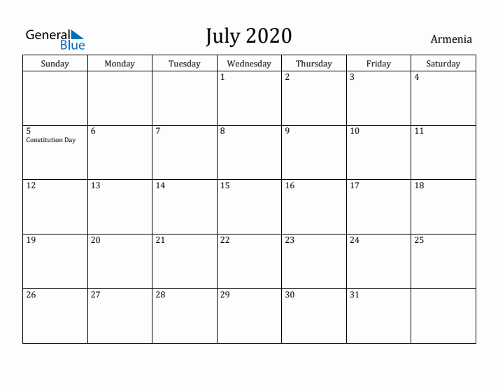 July 2020 Calendar Armenia