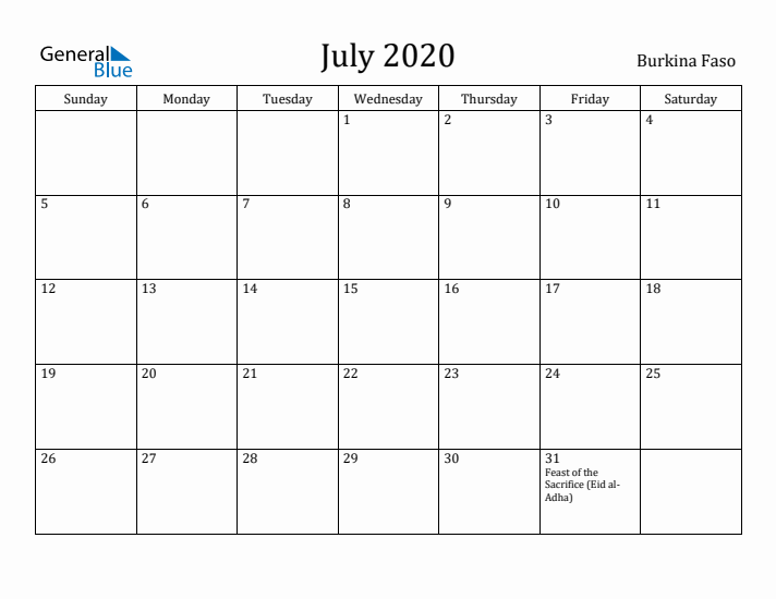 July 2020 Calendar Burkina Faso