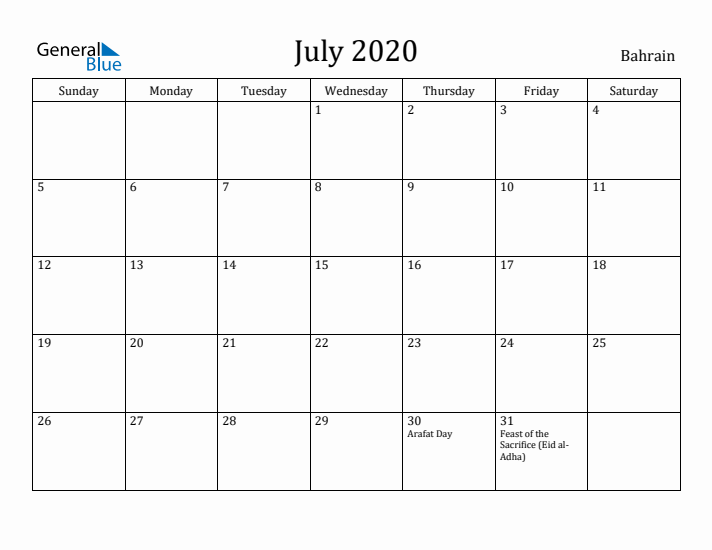 July 2020 Calendar Bahrain