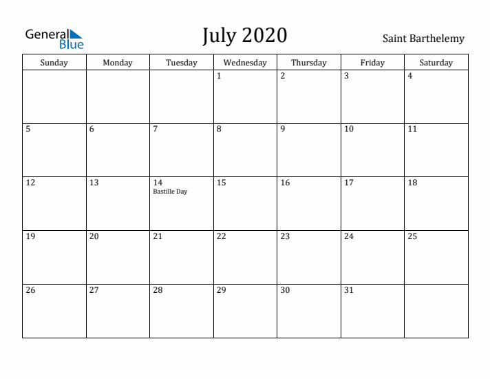 July 2020 Calendar Saint Barthelemy