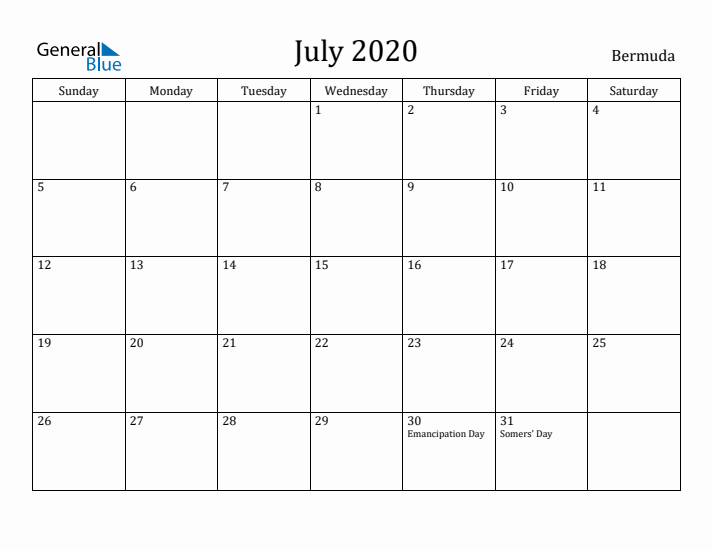 July 2020 Calendar Bermuda