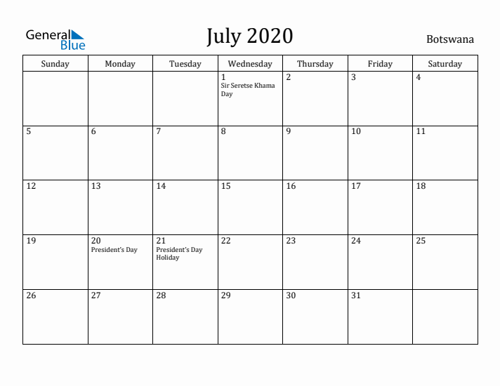 July 2020 Calendar Botswana