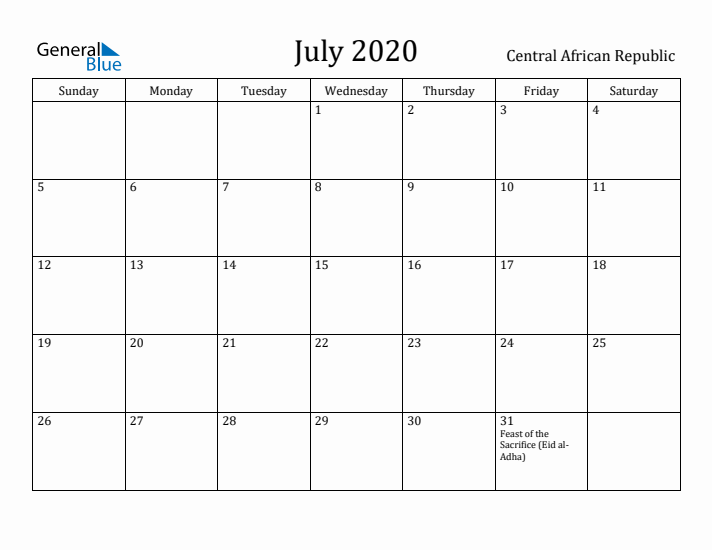 July 2020 Calendar Central African Republic