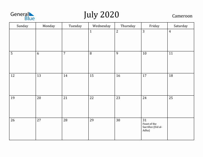July 2020 Calendar Cameroon
