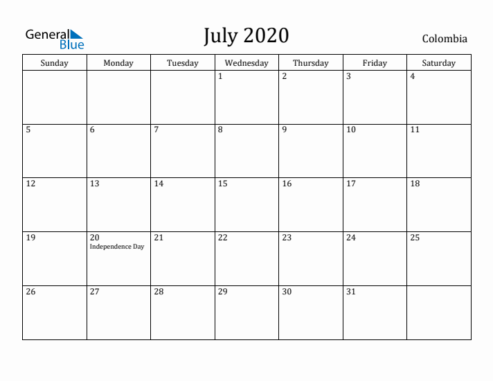 July 2020 Calendar Colombia