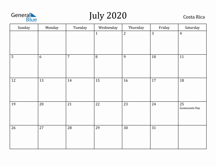 July 2020 Calendar Costa Rica