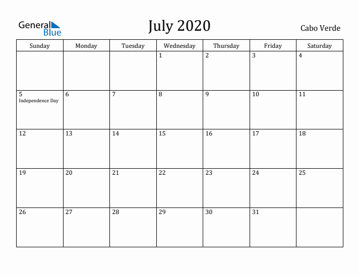 July 2020 Calendar Cabo Verde