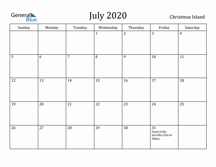 July 2020 Calendar Christmas Island