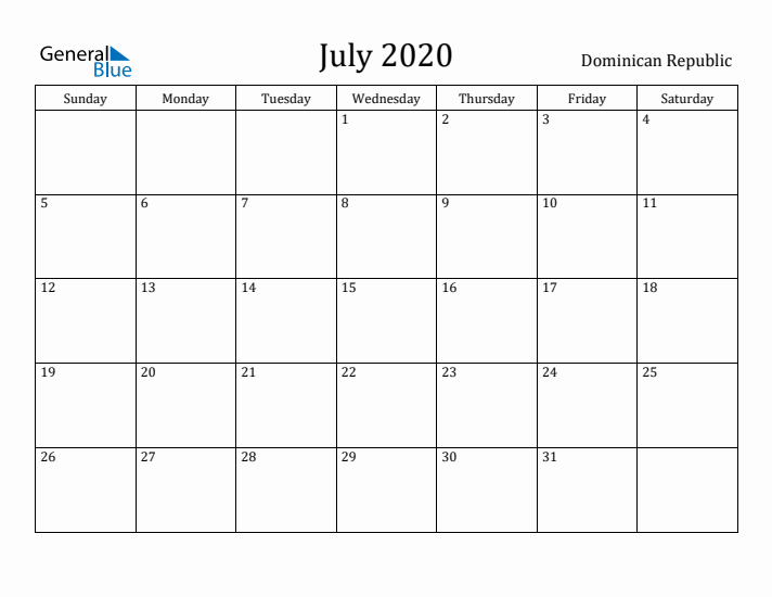 July 2020 Calendar Dominican Republic