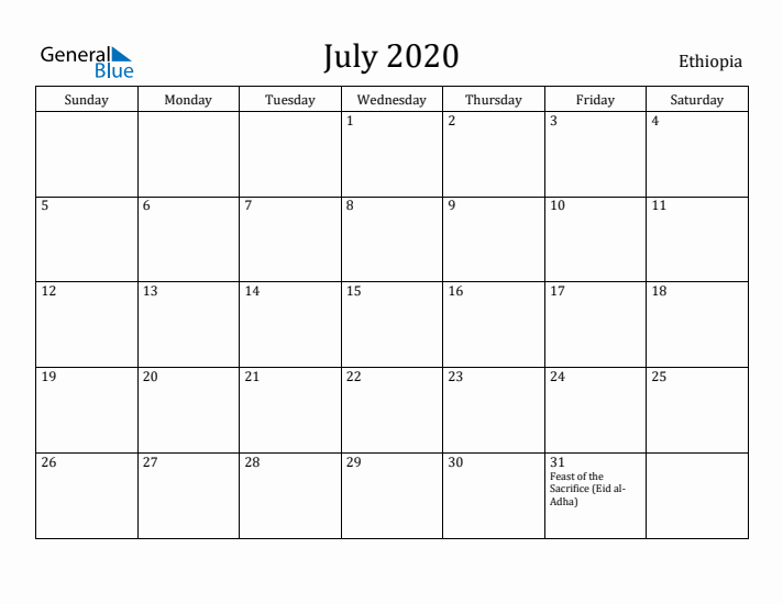 July 2020 Calendar Ethiopia