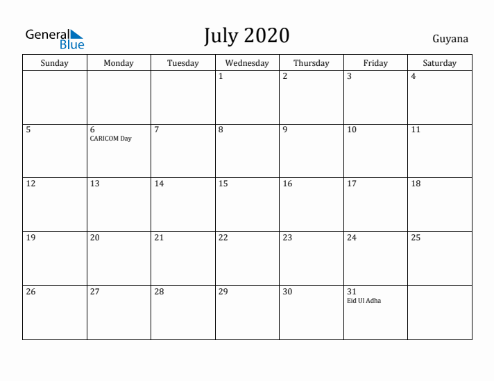 July 2020 Calendar Guyana