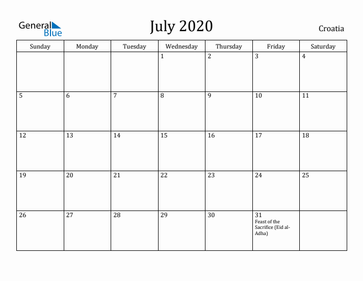 July 2020 Calendar Croatia