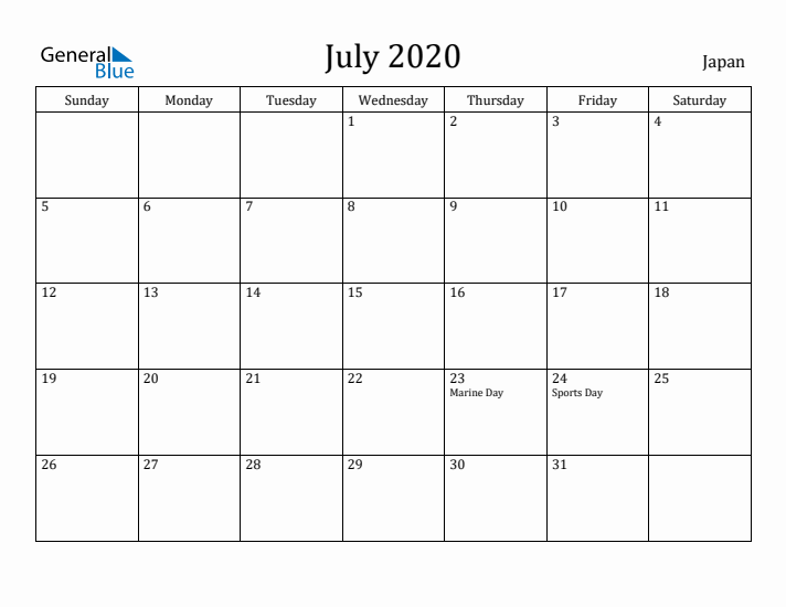 July 2020 Calendar Japan