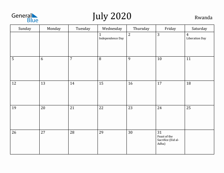 July 2020 Calendar Rwanda