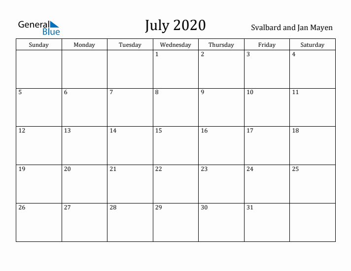July 2020 Calendar Svalbard and Jan Mayen