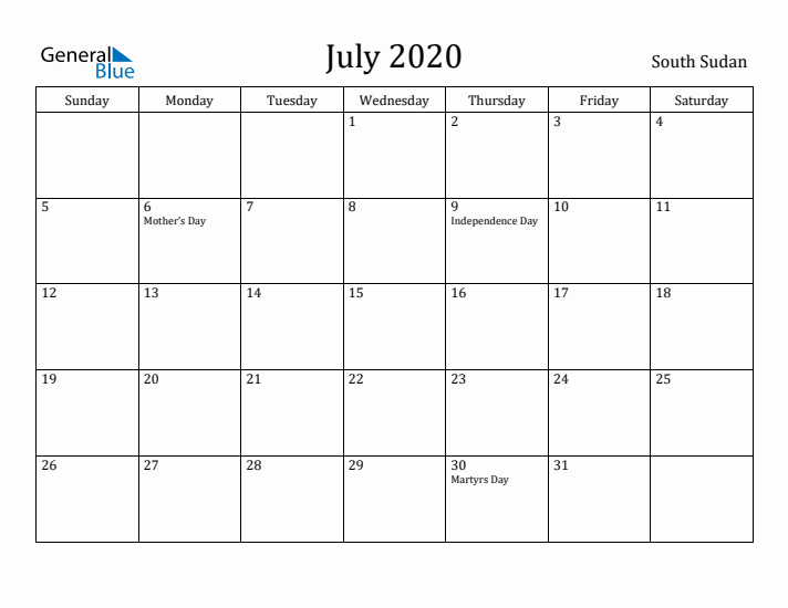 July 2020 Calendar South Sudan