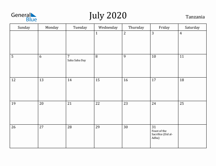 July 2020 Calendar Tanzania