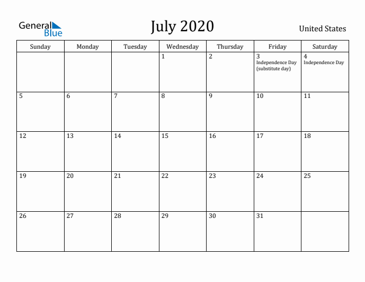 July 2020 Calendar United States