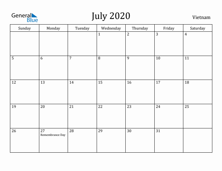 July 2020 Calendar Vietnam