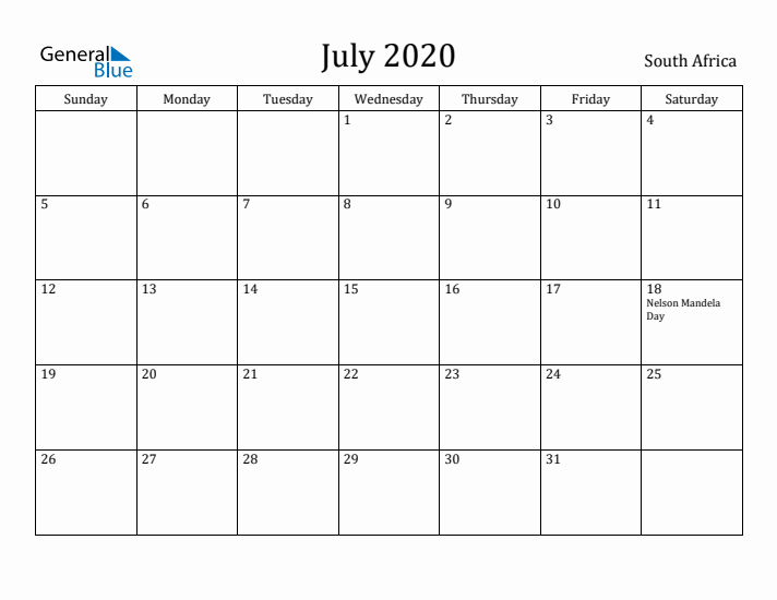 July 2020 Calendar South Africa