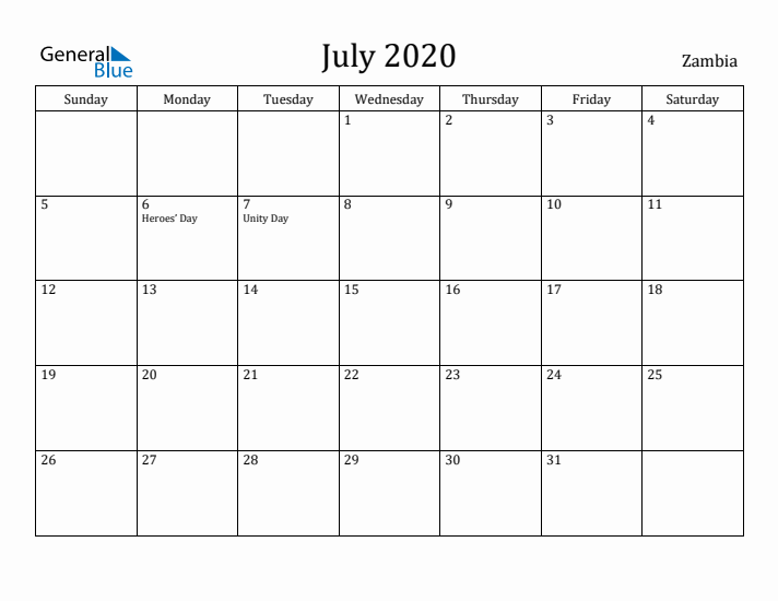 July 2020 Calendar Zambia