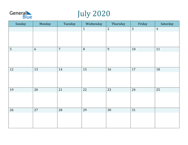  July 2020 Printable Calendar