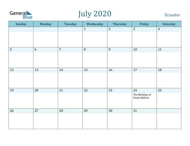 July 2020 Calendar with Holidays in PDF, Word, and Excel