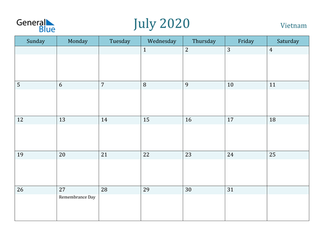 July 2020 Calendar with Holidays in PDF, Word, and Excel