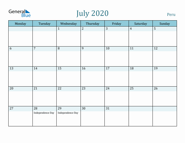 July 2020 Calendar with Holidays