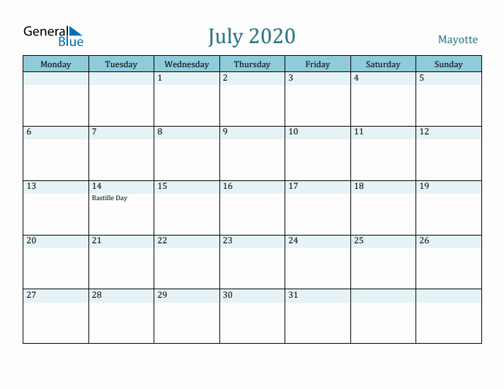 July 2020 Calendar with Holidays