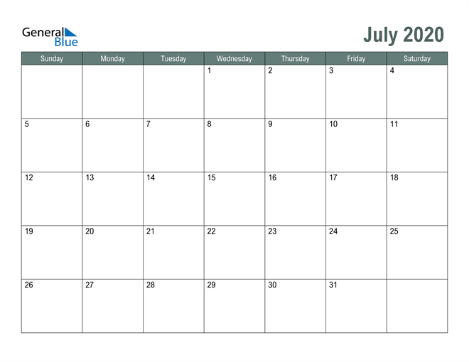  Free Printable July 2020 Calendar