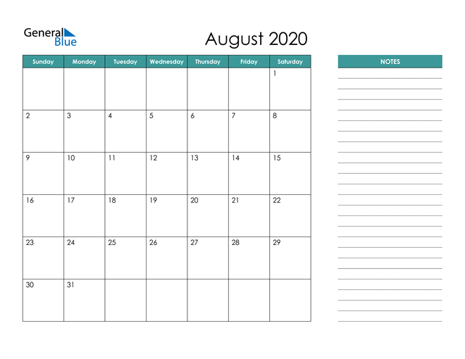  August 2020 Calendar with Notes