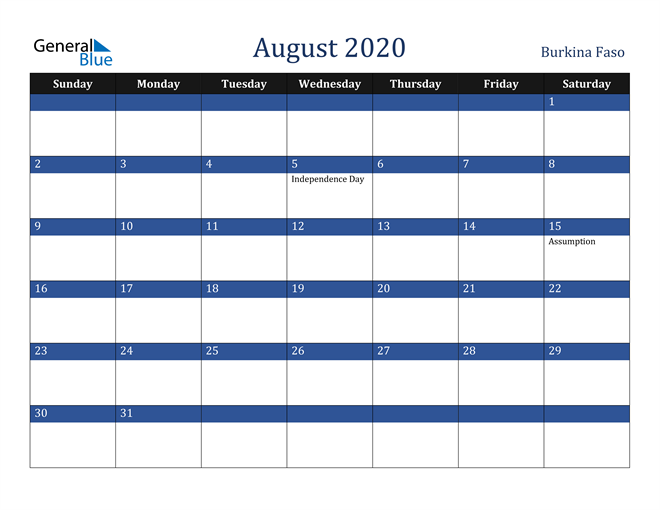August 2020 Burkina Faso Calendar