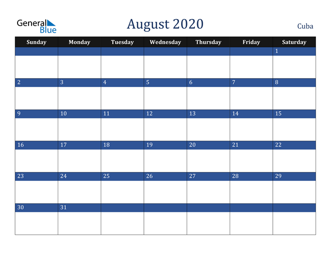 August 2020 Cuba Calendar