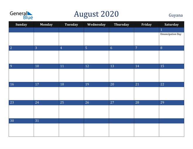 August 2020 Guyana Calendar