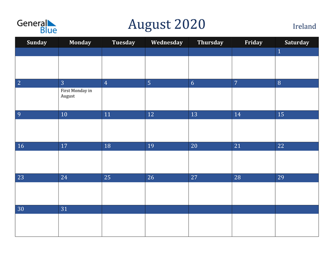 August 2020 Ireland Calendar