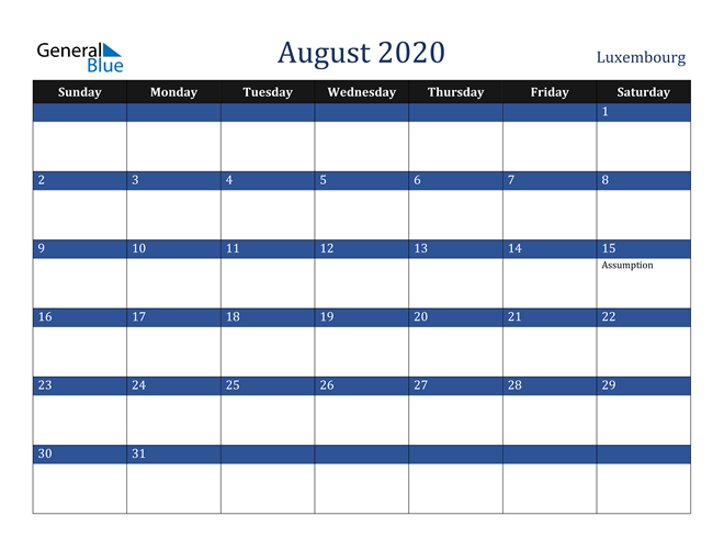 August 2020 Luxembourg Calendar