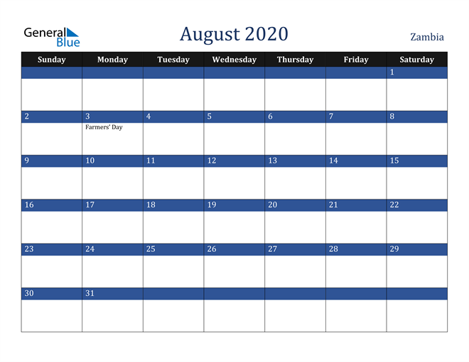 zambia august 2020 calendar with holidays