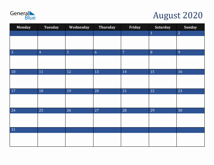 Monday Start Calendar for August 2020