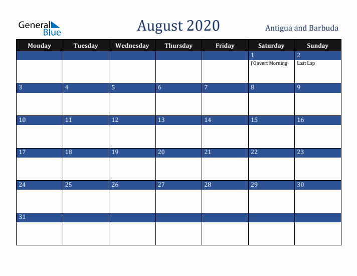 August 2020 Antigua and Barbuda Calendar (Monday Start)