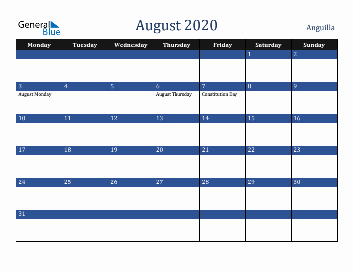 August 2020 Anguilla Calendar (Monday Start)