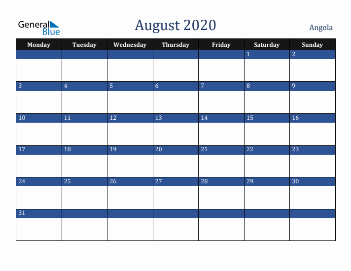 August 2020 Angola Calendar (Monday Start)