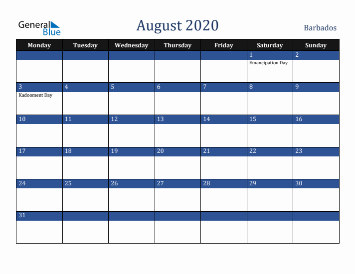 August 2020 Barbados Calendar (Monday Start)