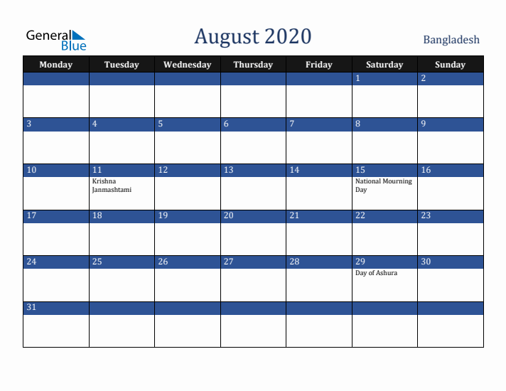 August 2020 Bangladesh Calendar (Monday Start)