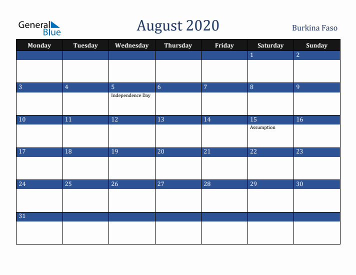 August 2020 Burkina Faso Calendar (Monday Start)