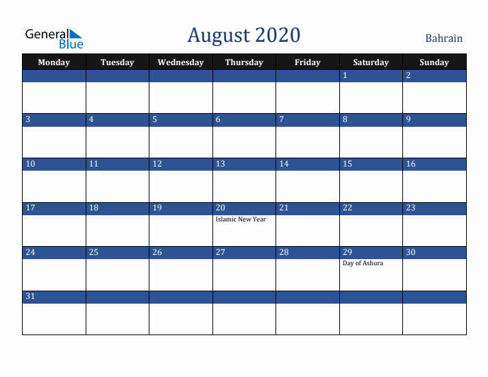August 2020 Bahrain Calendar (Monday Start)