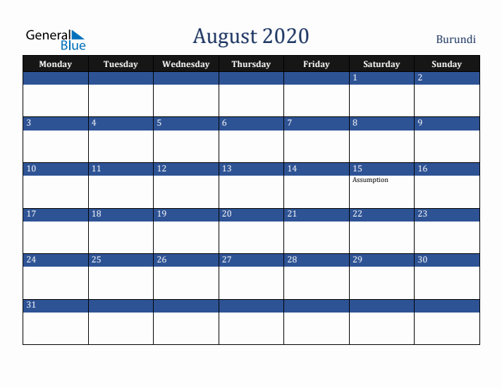 August 2020 Burundi Calendar (Monday Start)