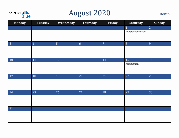 August 2020 Benin Calendar (Monday Start)